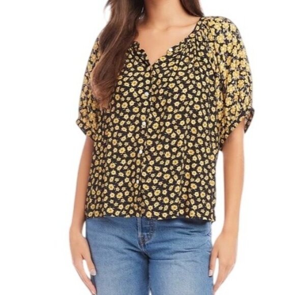 Philosophy Floral Print Boho Blouse M Elbow Sleeve Puff Button Front NWT - Picture 1 of 9